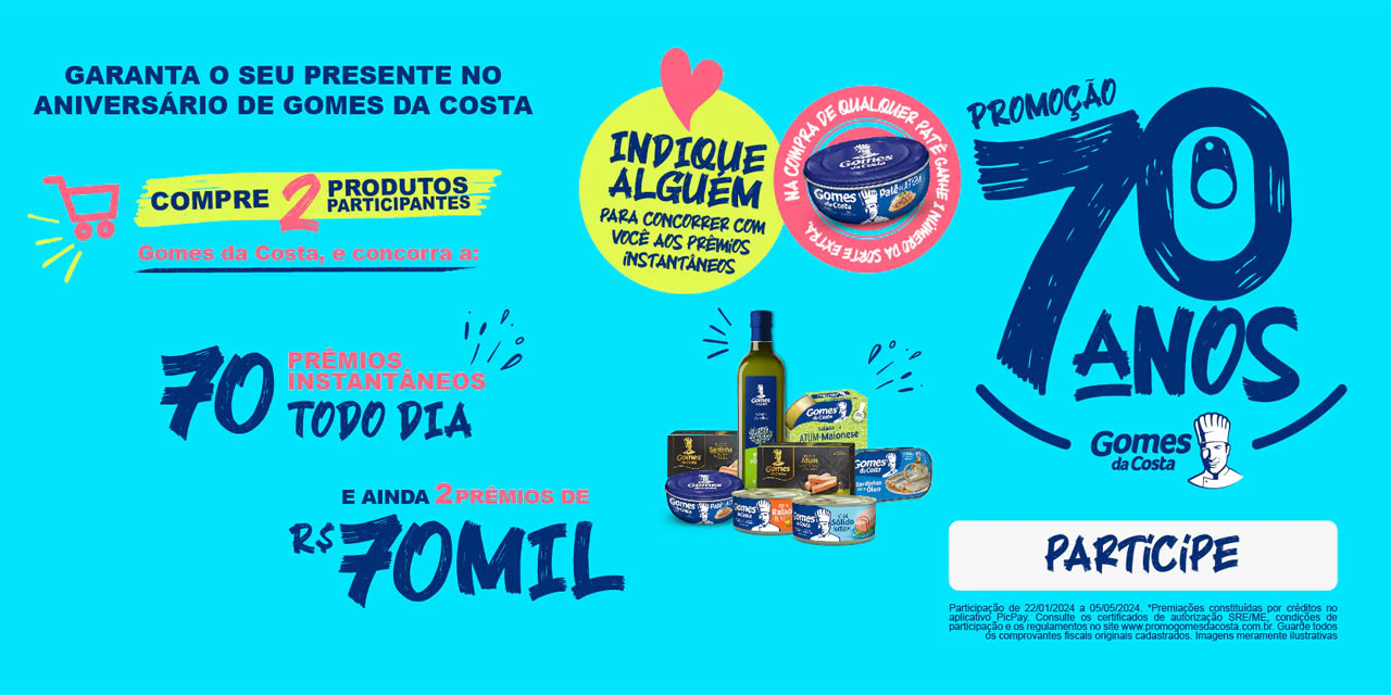 Gomes da Costa comemora 70 anos com sorteio de R$ 140 mil